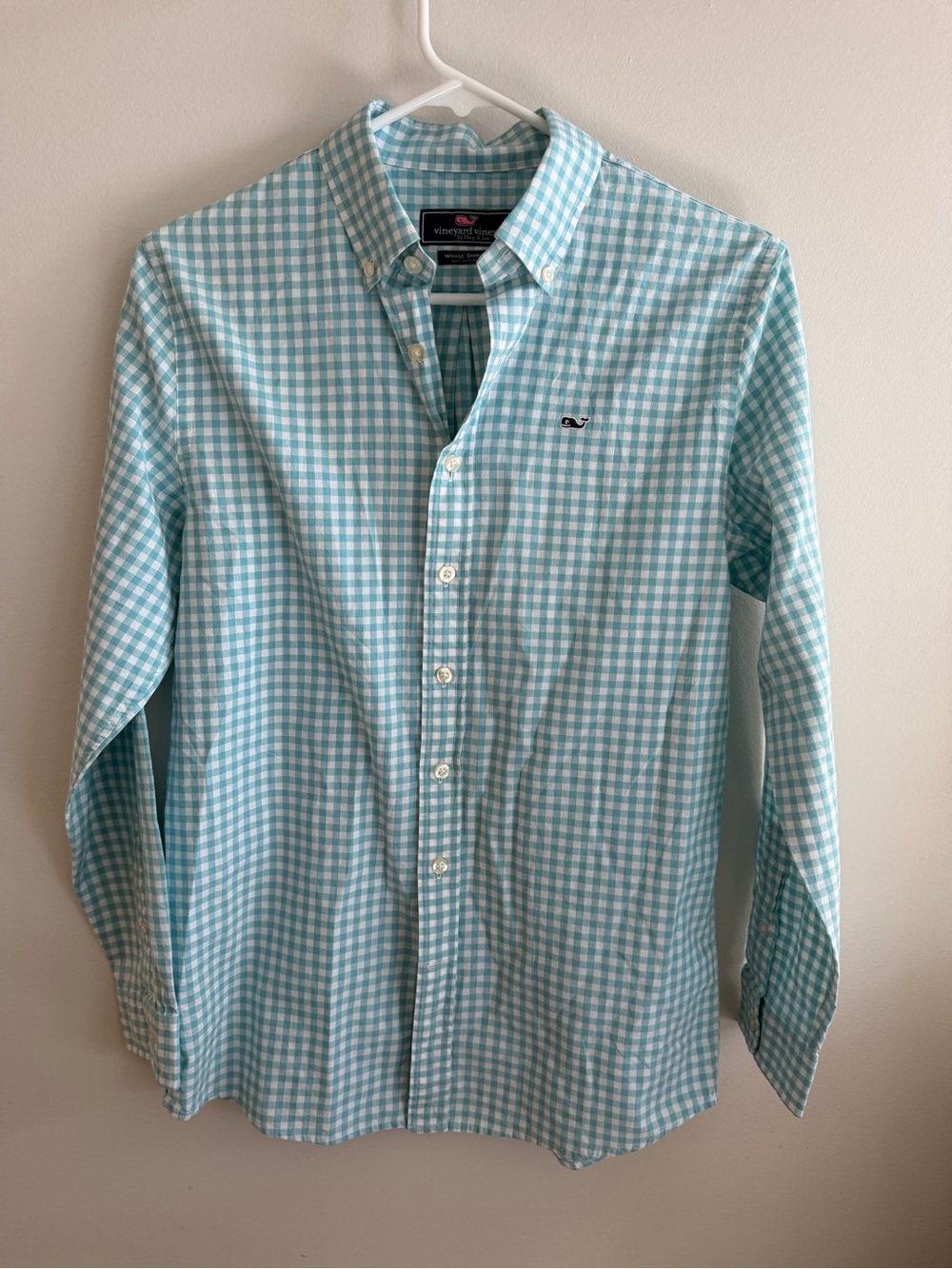 Vineyard Vines Boys Large 16 Aqua Blue Gingham Whale Button Down Shirt